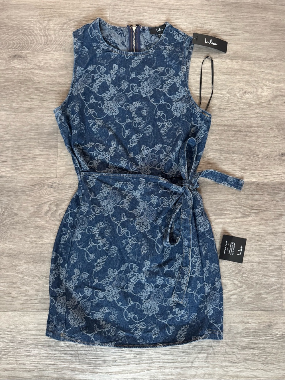 Lulu's Albena Dark Wash Floral Denim Sleeveless Mini Wrap Dress - Picture 6 of 6